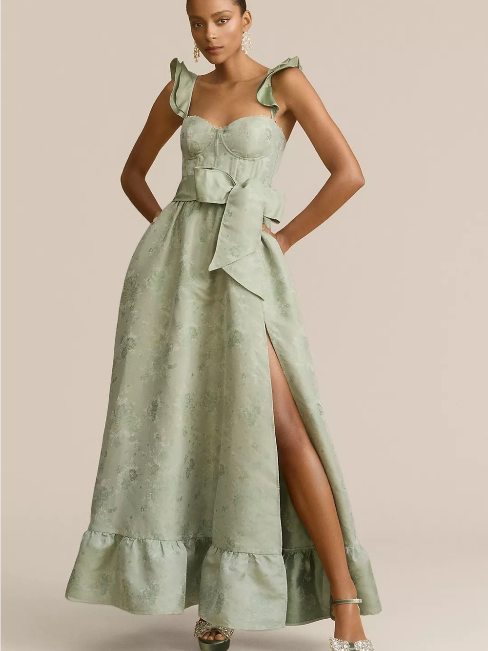 V. Chapman Veronica Sage Green Corset Ruffle Side-Slit Dress (Size 4) NWT - Picture 8 of 8